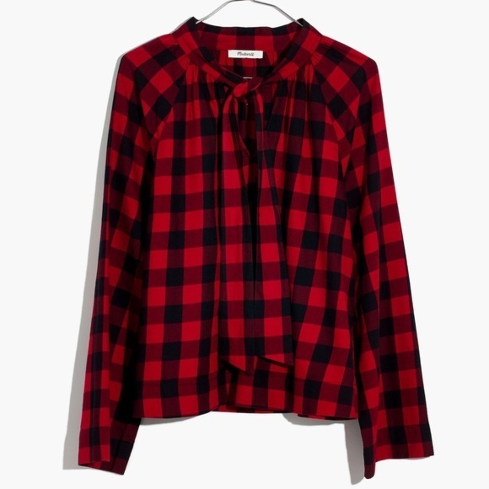 Madewell Tie-Neck Popover Shirt in Red Buffalo Check‎